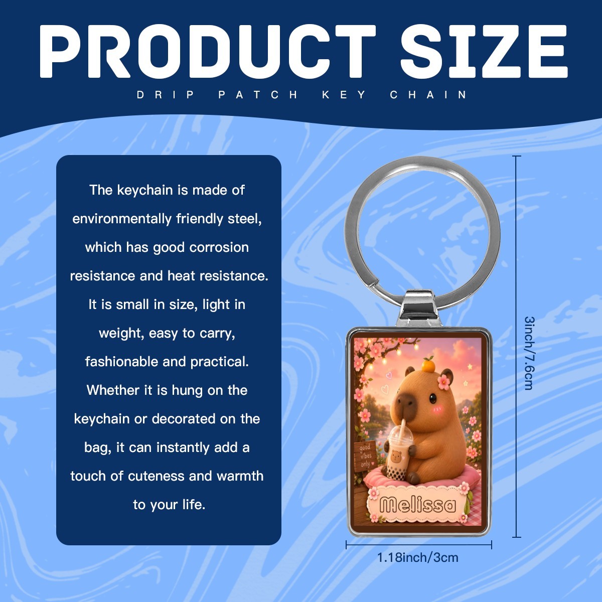 Silver metal keychain size view: square bear photo charm with silver ring