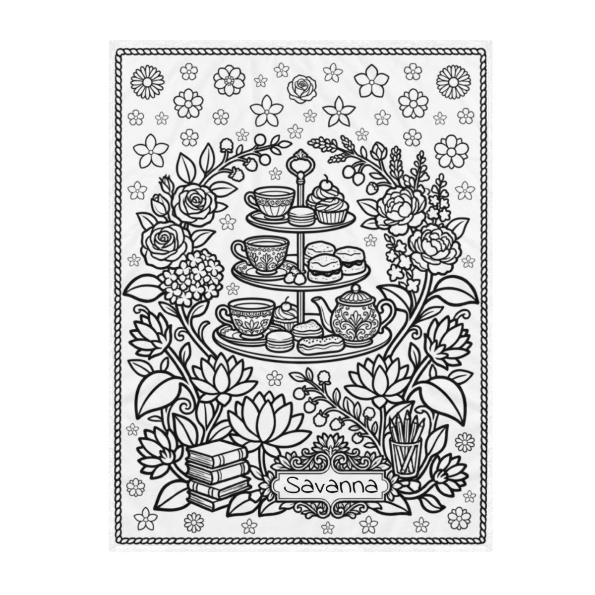 Color-your-own blanket with detailed floral tea set outline design and “Savanna”