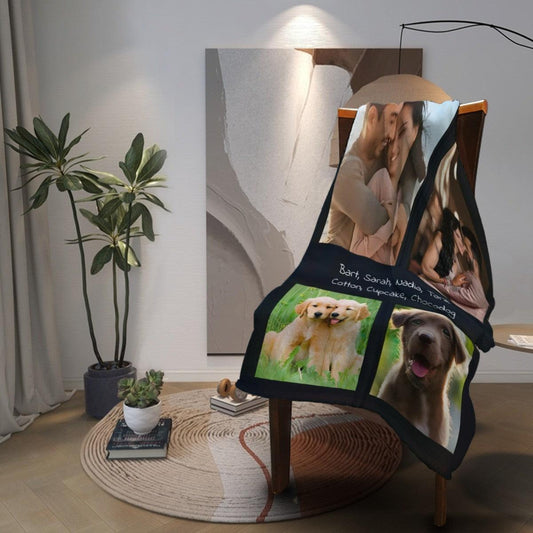 Personalized photo collage throw blanket draped over a chair with four photo panels