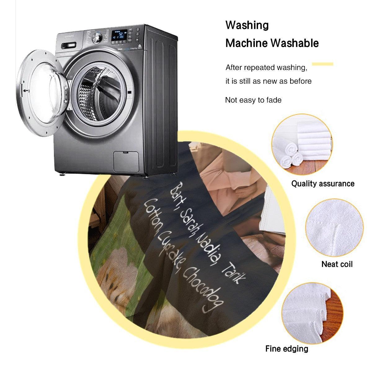 Photo collage throw blanket with four pet images shown near a washing machine