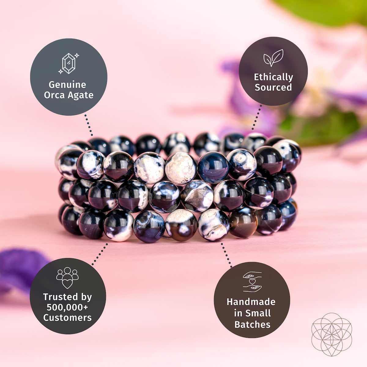 Stacked orca agate beaded bracelets, dark navy beads with white speckles