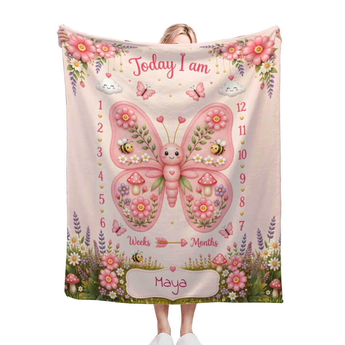 Personalized baby milestone blanket with pink butterfly garden, bunny, and "Today I am" Maya