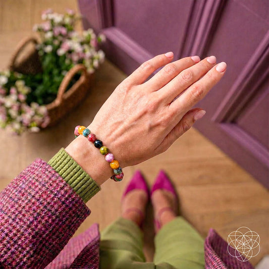 Multicolor gemstone bead bracelet worn on wrist, round beads in pink, orange, green