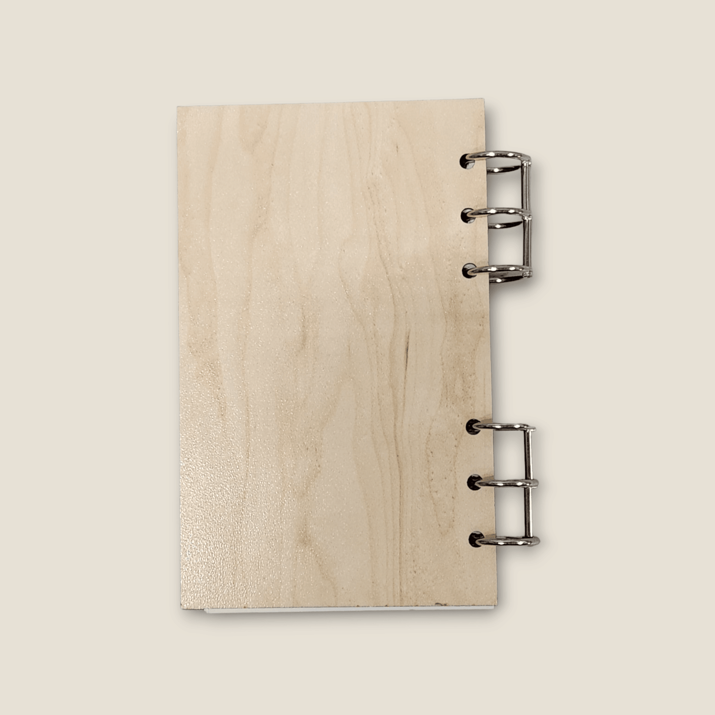 Wood refillable notebook front cover with metal binder rings on the right