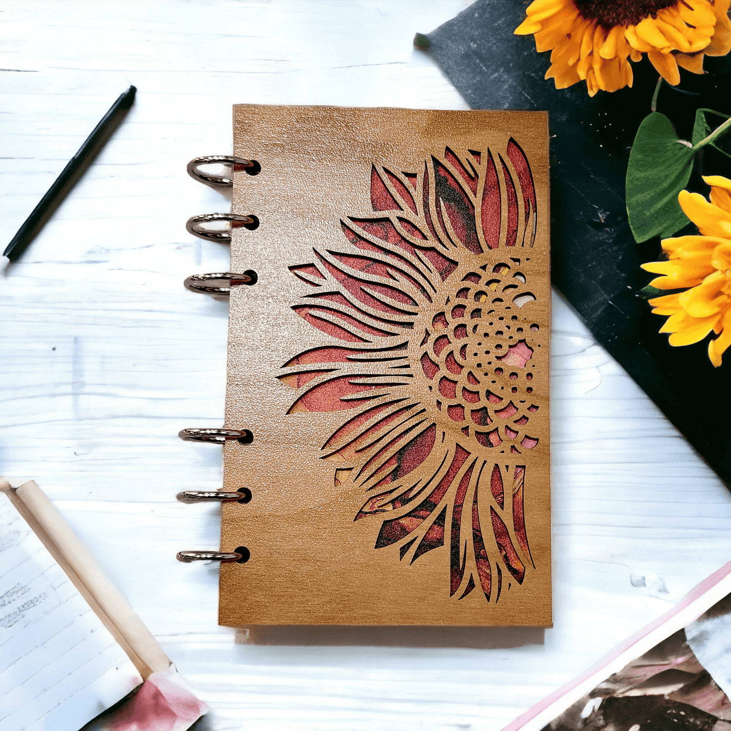 A6 wood journal notebook with sunflower laser-cut cover and silver metal rings