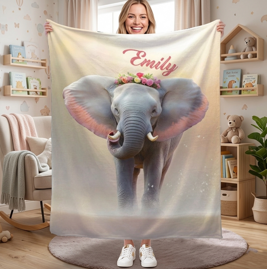 Personalized elephant blanket in light cream with 'Emily' name and floral bouquet