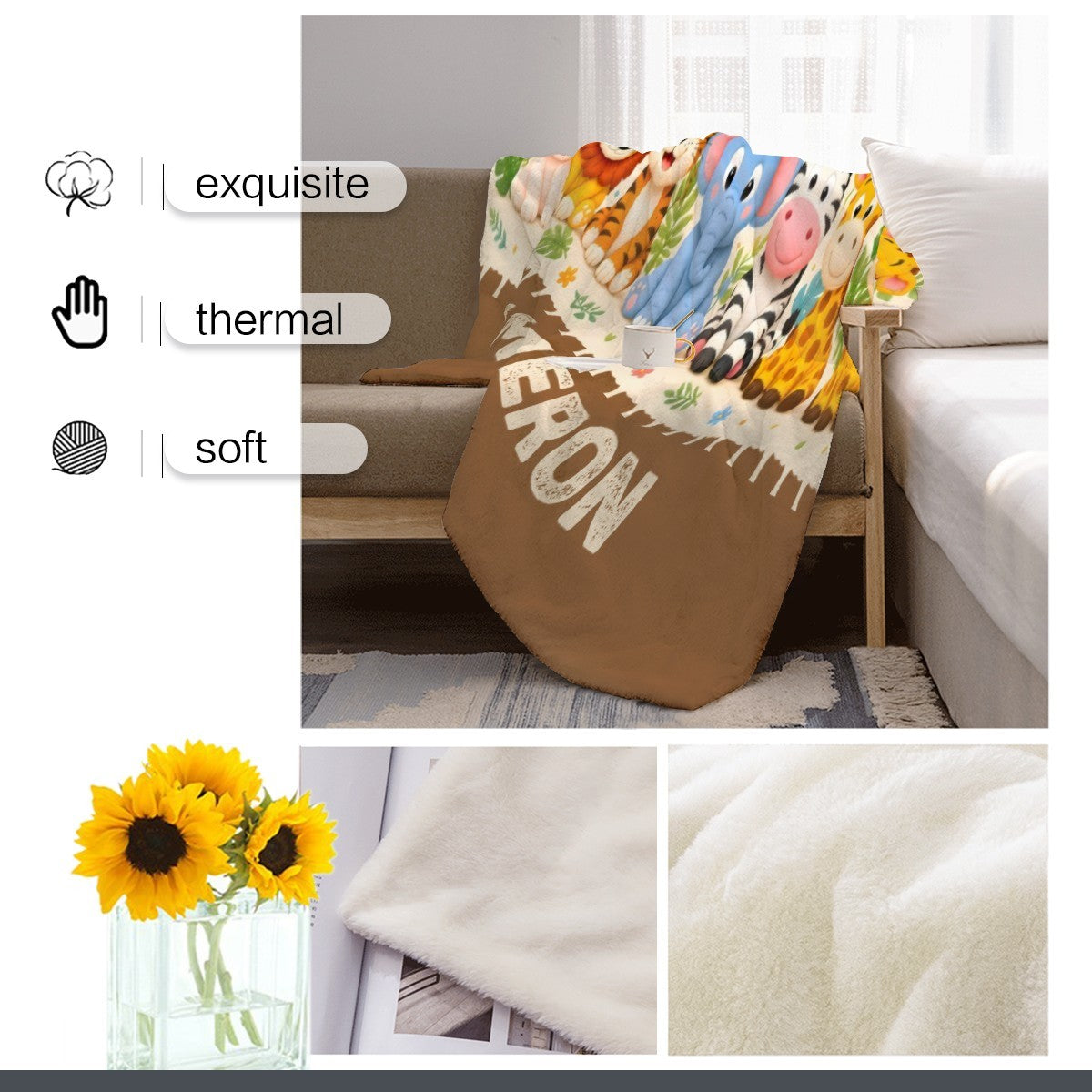 Personalized safari blanket on couch with animal scene and CAMERON lettering, brown panel fringe