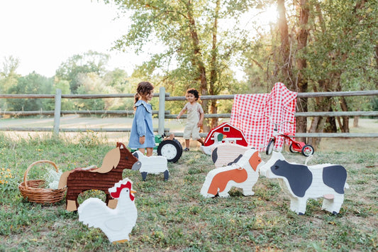 Farm animal piñatas: rooster, horse, cow shapes