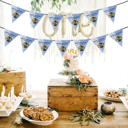 Personalized Photo Birthday Flag Banner with Name and Age - Custom Round Photo Pennant Bunting for Kids, Adults and Pets - Pink Peach or Blue