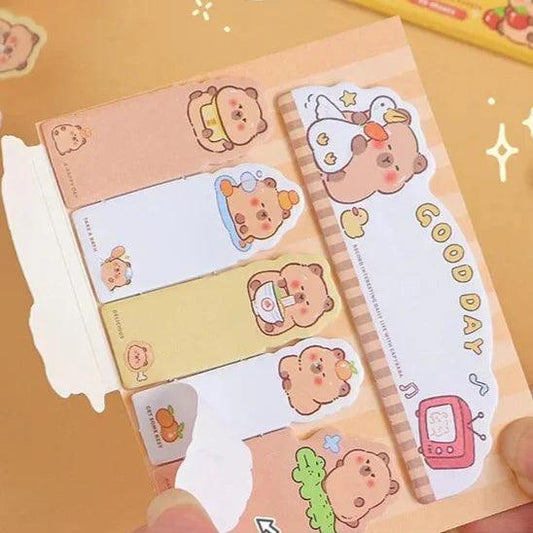 Capybara bookmark sticky notes with pastel tabs and cartoon animal faces, bundled