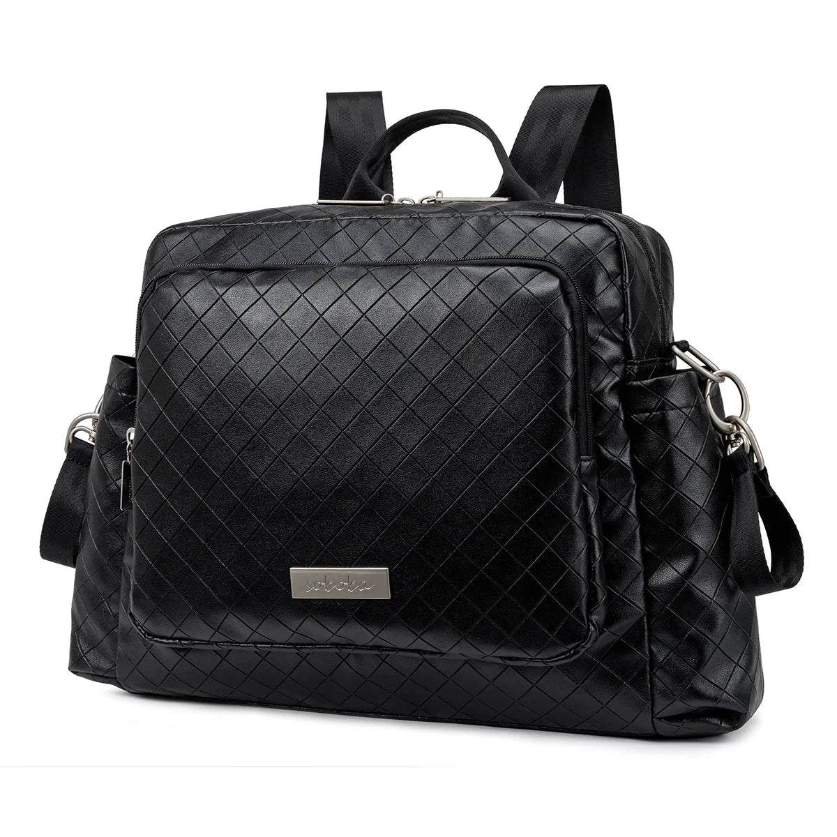 Black quilted diamond diaper backpack with front zip pocket, shoulder and crossbody straps