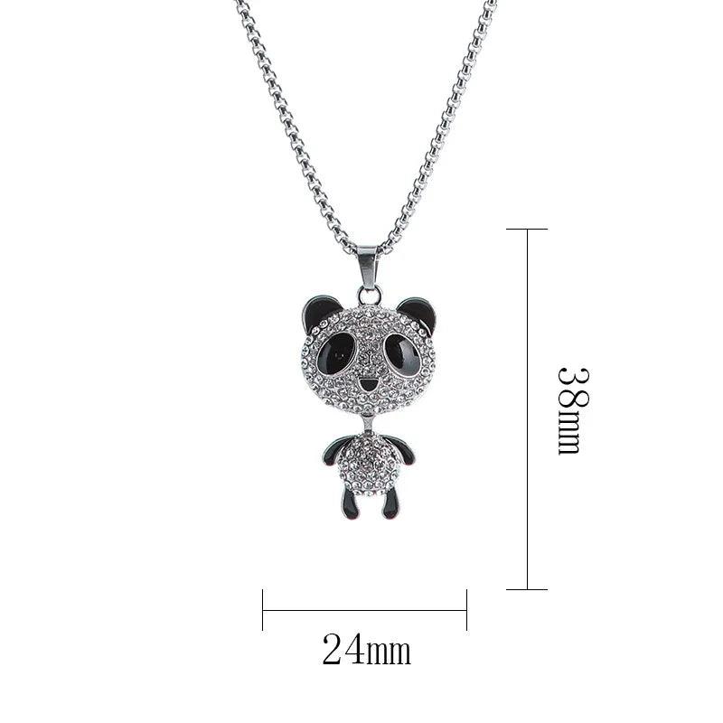 Rhinestone panda pendant necklace with head-and-body charms, 24mm size indicated