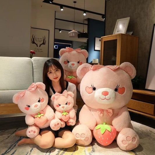 Set of pink strawberry bear plushes with bows and strawberry outfits, seated and posed
