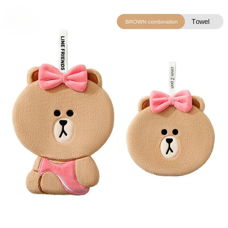 Light brown teddy bear hand towel set: pink bow head and full body in pink