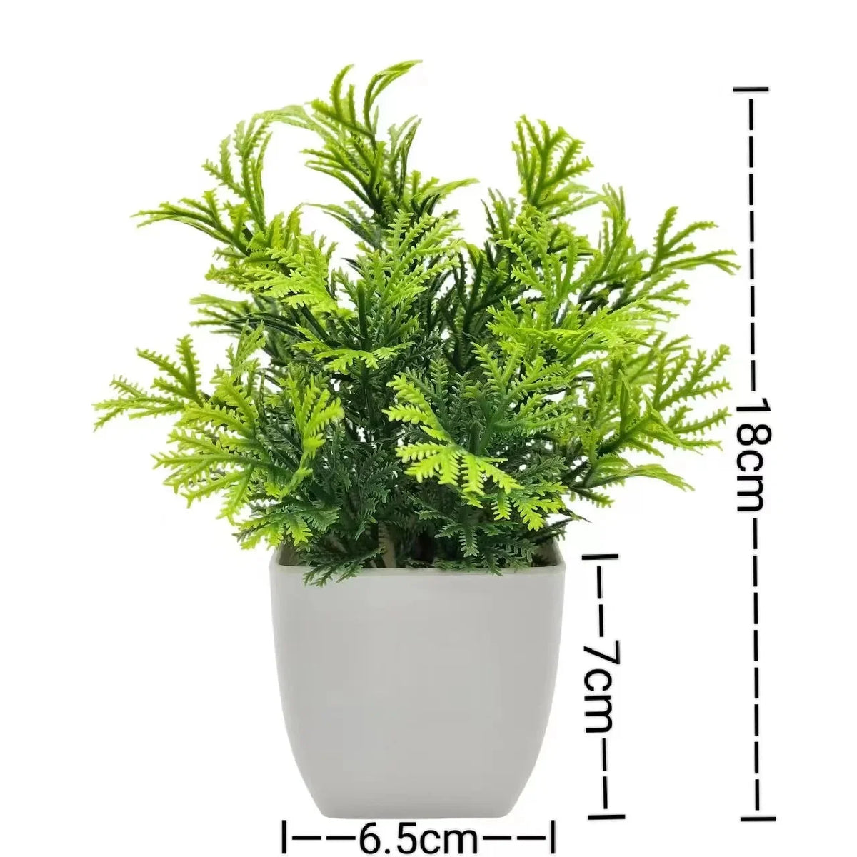 Artificial pine needle plant with dark green foliage in a white plastic pot