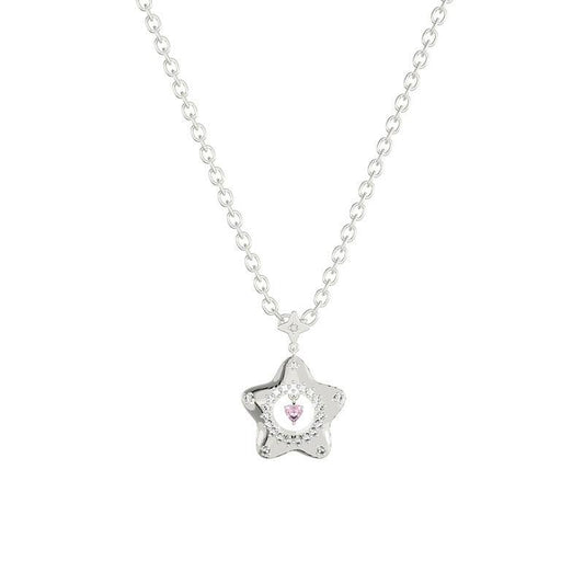 Silver chain necklace with star pendant featuring pink center gem and glittering details