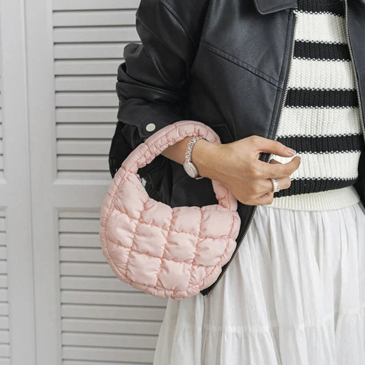 Mini quilted puffer circle tote bag with short handles, light pink