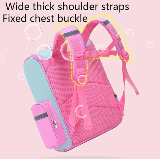 Pink backpack with wide shoulder straps, adjustable chest buckle, and front zip pocket.