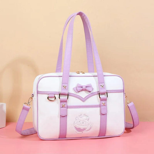 Lavender-and-white kawaii messenger bag with bow detail, star charms, and top handles