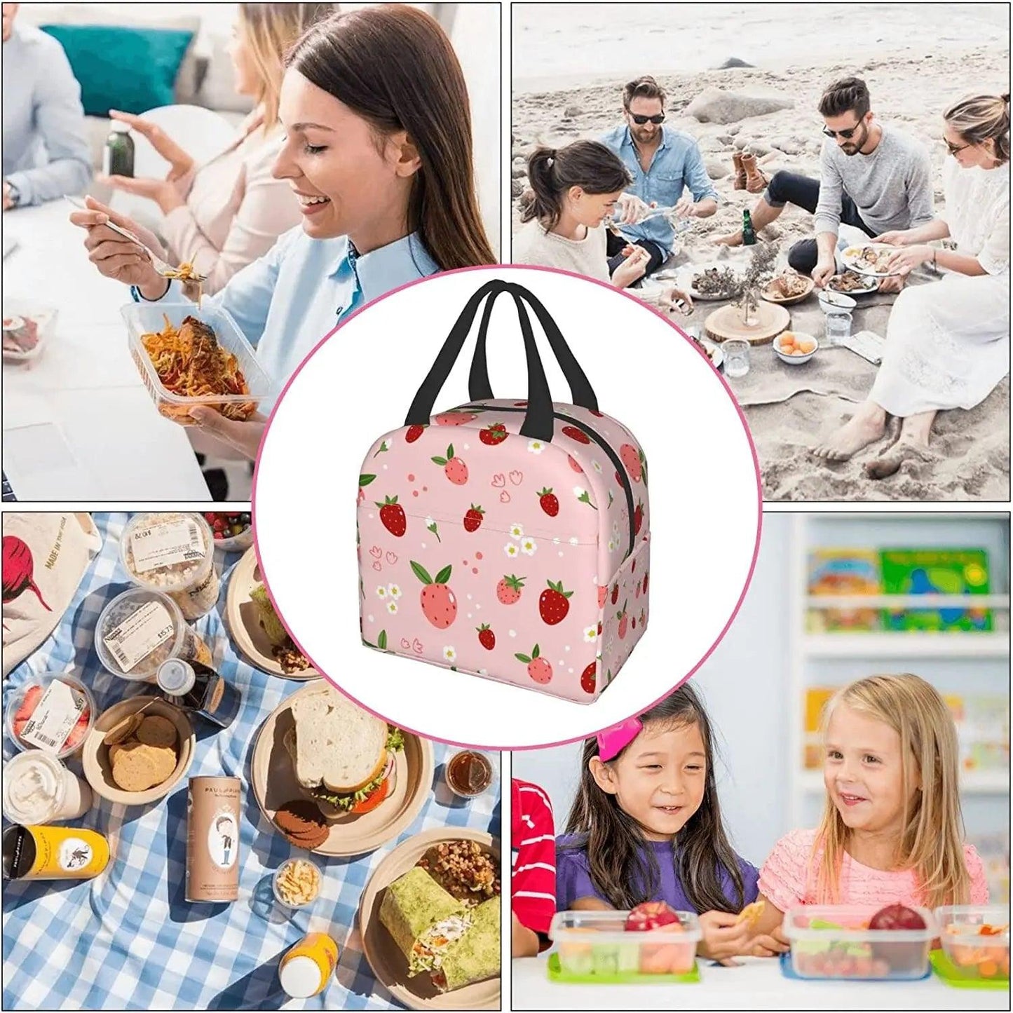 Pink strawberry print insulated lunch bag with black handles, centered in collage