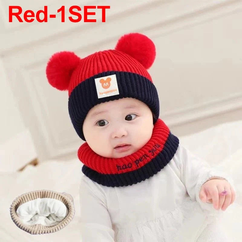Red knit kids beanie hat with pom-poms and matching neck warmer