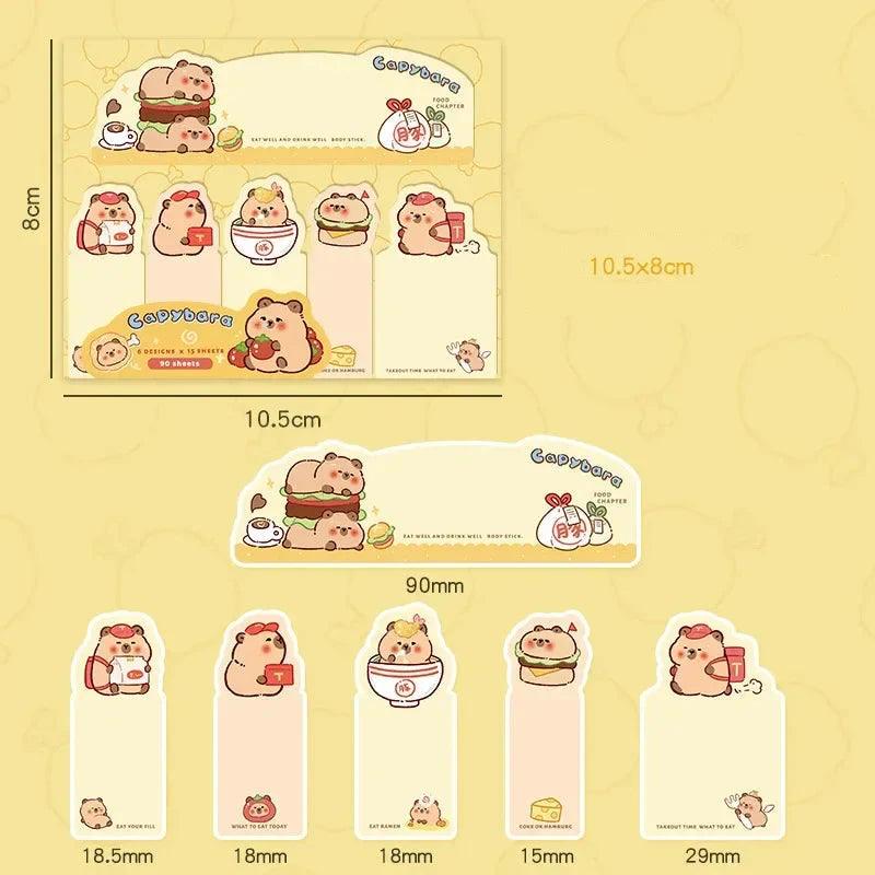 Capybara cartoon sticky note bookmark set, tab notes with faces and food