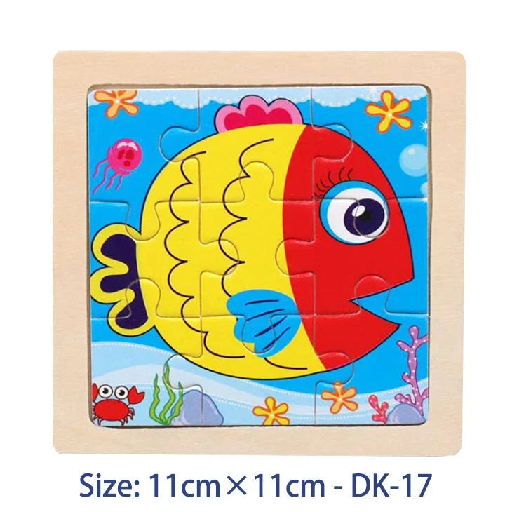 Kids wooden jigsaw puzzle tile set, cartoon clownfish theme, 11x11 cm