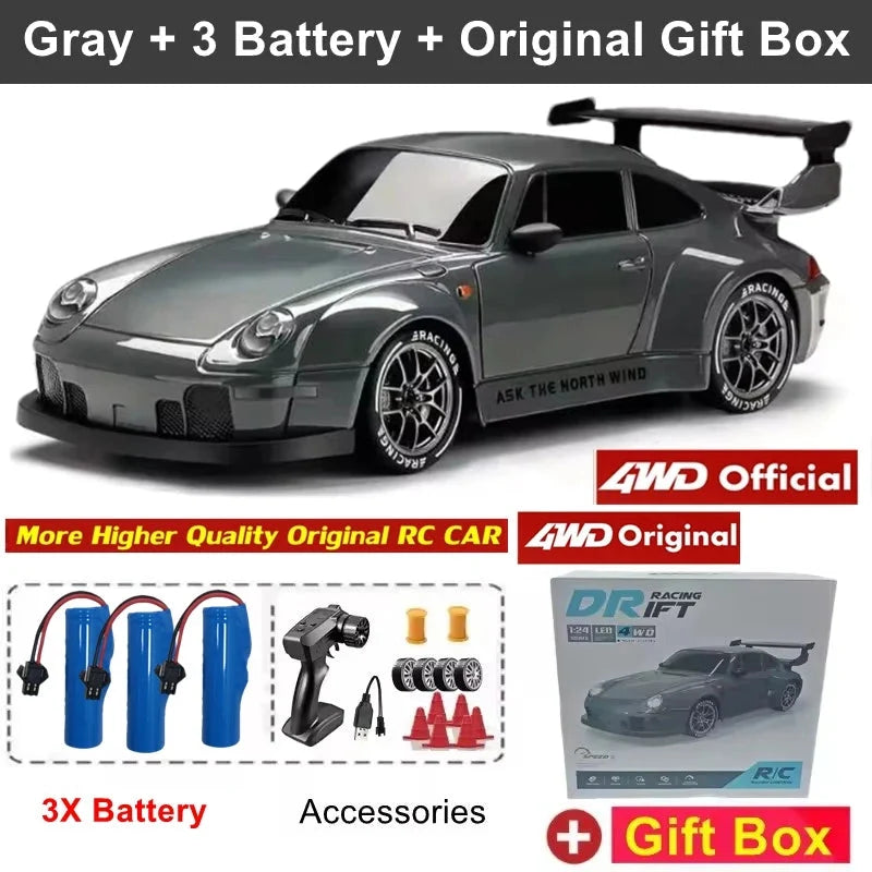 Gray remote control car with white hood stripe, black rear wing, front-right three-quarter view