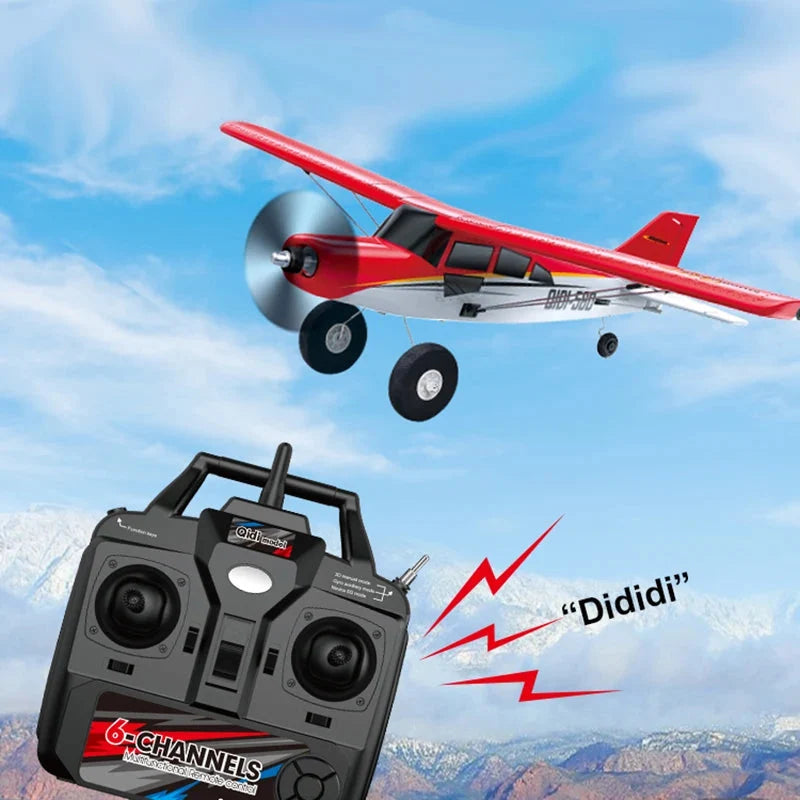 Red RC airplane with black 6-channel remote controller and propeller on landing gear