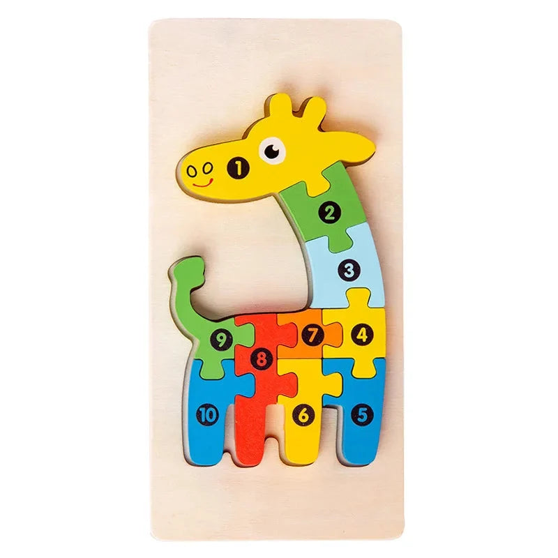 Wooden dinosaur jigsaw puzzle on board with numbered interlocking pieces