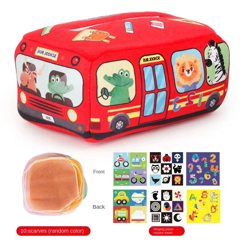 Red animal bus print fabric tissue box cover with window and wheels