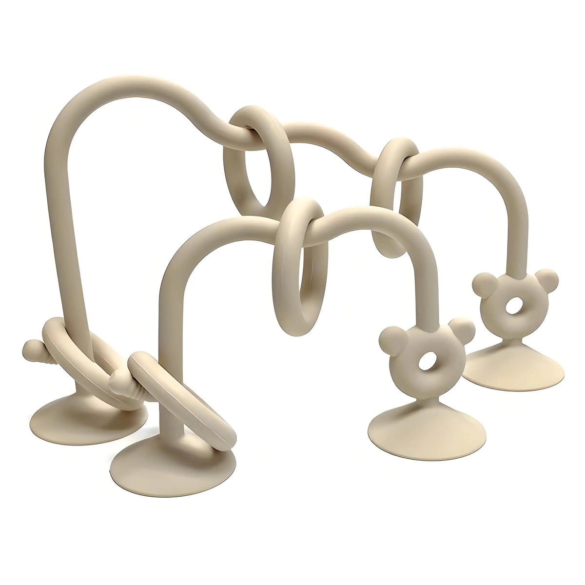 Silicone bead wrap baby learning toy with beige loops, cream beads, and animal suction posts