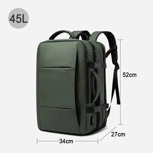 Expandable waterproof business backpack, green, front zip, padded shoulder straps, 45L.