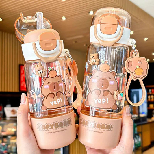 Two capybara-themed water bottles with clear bodies, white caps and orange latches, cartoon designs