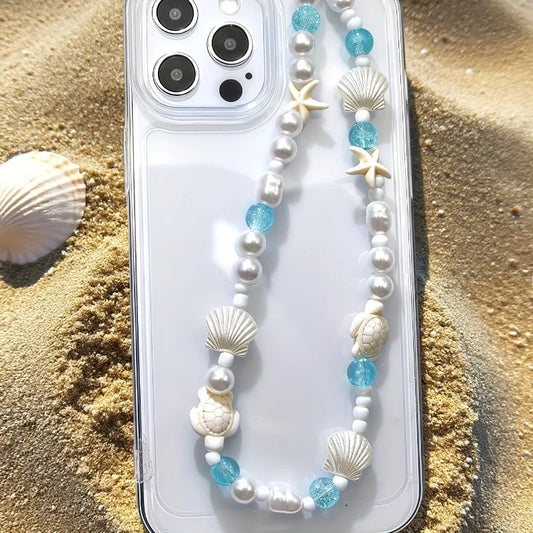 Pearl and blue beaded phone charm bracelet with shell and starfish details