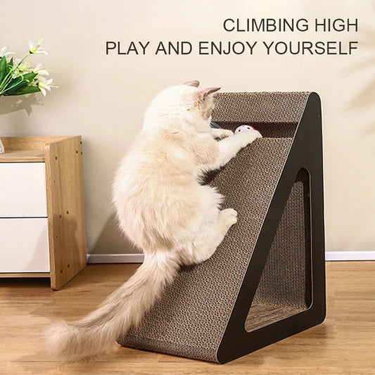 Triangular cardboard cat scratcher with open side; white cat pawing the textured surface