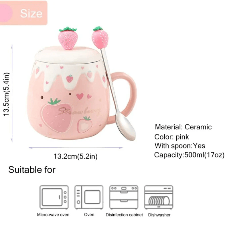Pink ceramic mug size chart: 13.2 cm, 500 ml; lid and spoon included