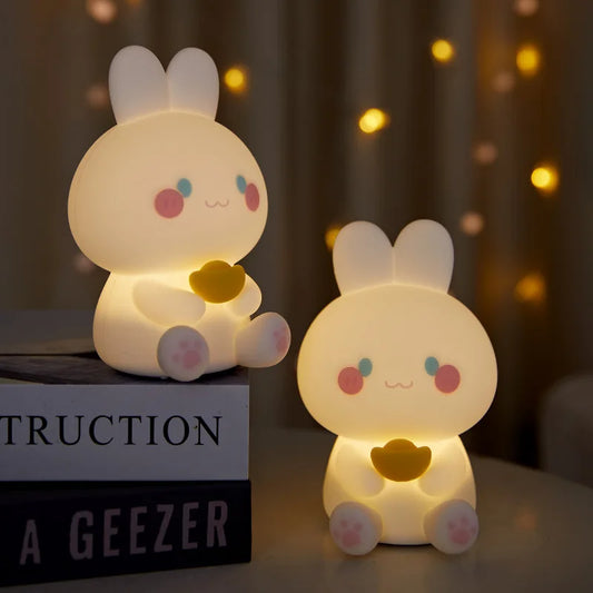 Bunny night light lamp set of two, glowing white bunny with bow and heart