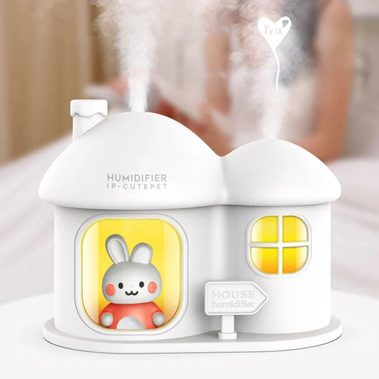 Kawaii Bunny House Humidifier Night Light – 7-Colour LED Cute Desktop Humidifier | Pink & White