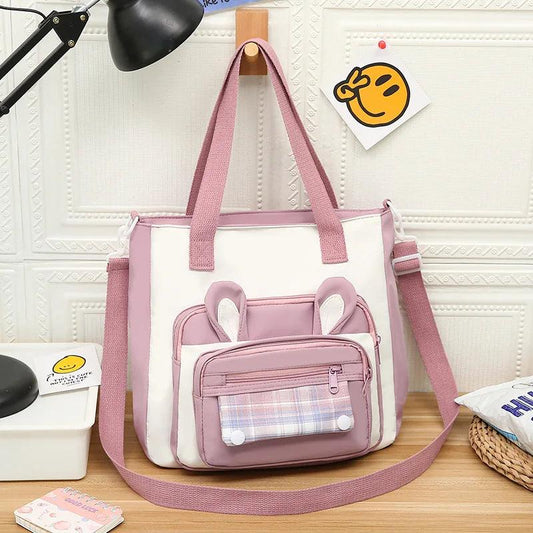 Pink and white bunny-ear tote shoulder bag with front plaid pocket and crossbody strap