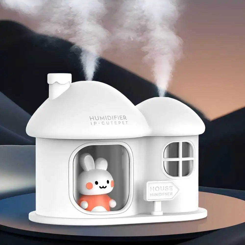 Kawaii Bunny House Humidifier Night Light – 7-Colour LED Cute Desktop Humidifier | Pink & White