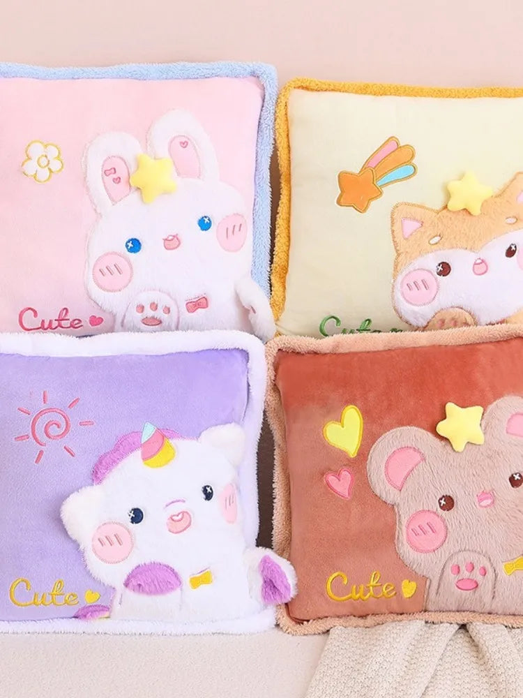 Kawaii pillow and blanket set with four cute animal pillows: pink, lavender, tan, orange