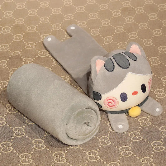 Light grey cat pillow blanket roll with cute face pouch, curled blanket end visible