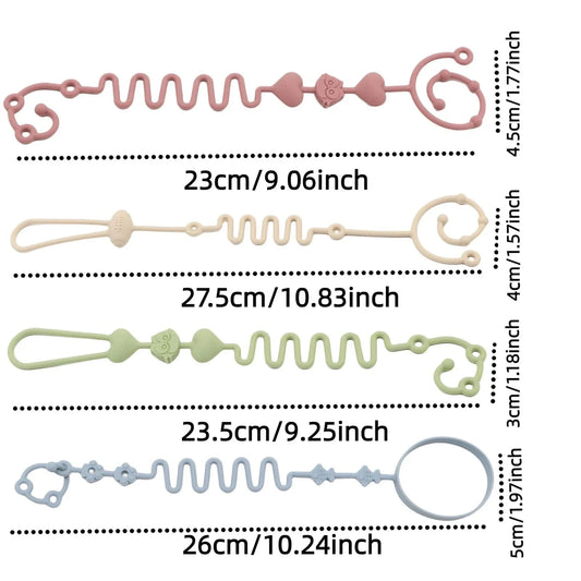 Assorted silicone pacifier chain set shown laid out with clip and ring ends