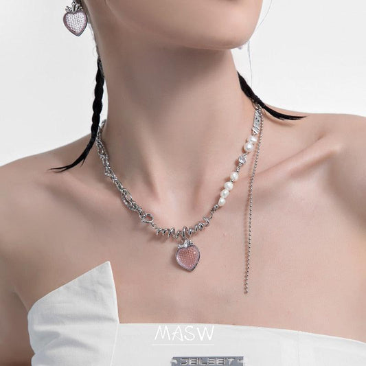 Pink heart strawberry charm on silver chain with pearl-like beads and long drop