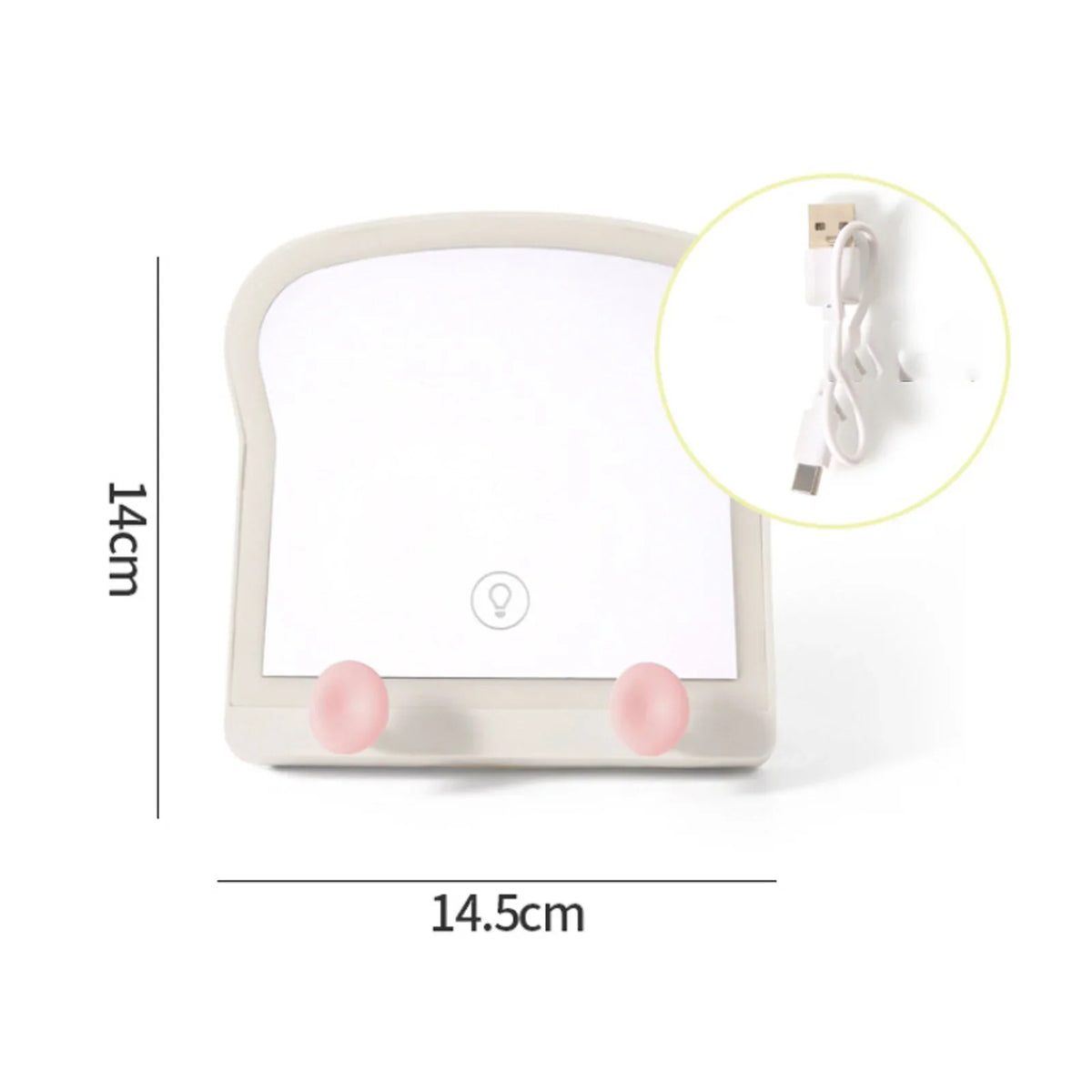 Toast-shaped LED makeup mirror with dimensions 14.5 cm and 14 cm, plus cable plug inset