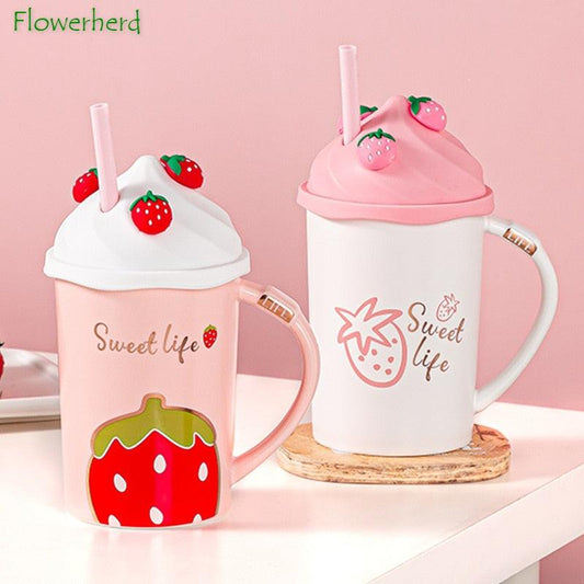 Strawberry themed tumbler mugs with lids and clear straws, Sweet life lettering