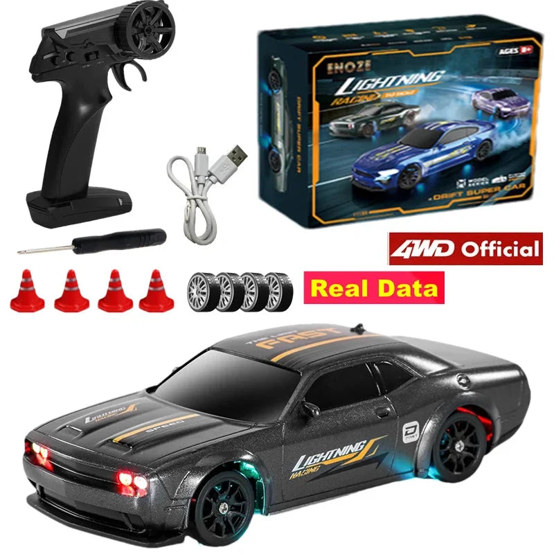 1/43 black RC drift racing car with LED taillights and neon underglow