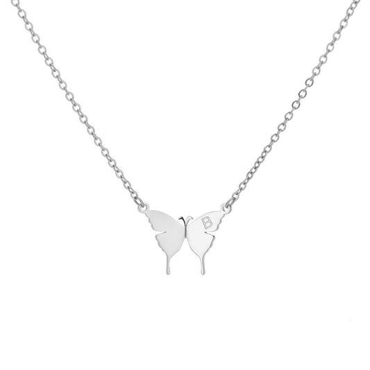 Butterfly pendant necklace with letter B, silver-tone chain