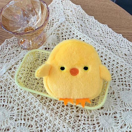 Yellow plush chick coin purse with stitched eyes and orange beak, small zipper pouch